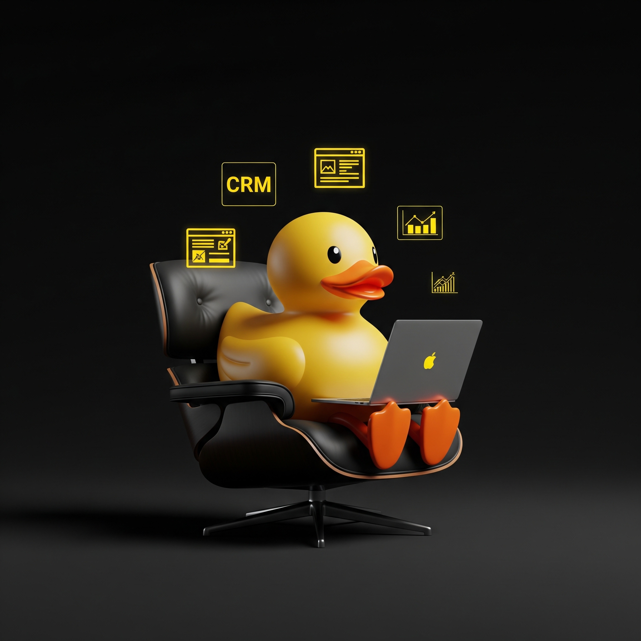 Person relaxing with laptop, surrounded by business symbols